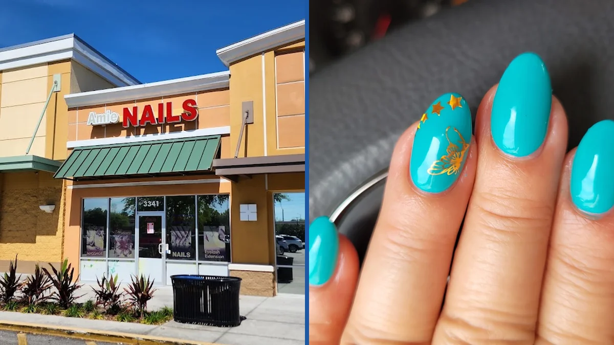 Bright nail salon with polish displays.